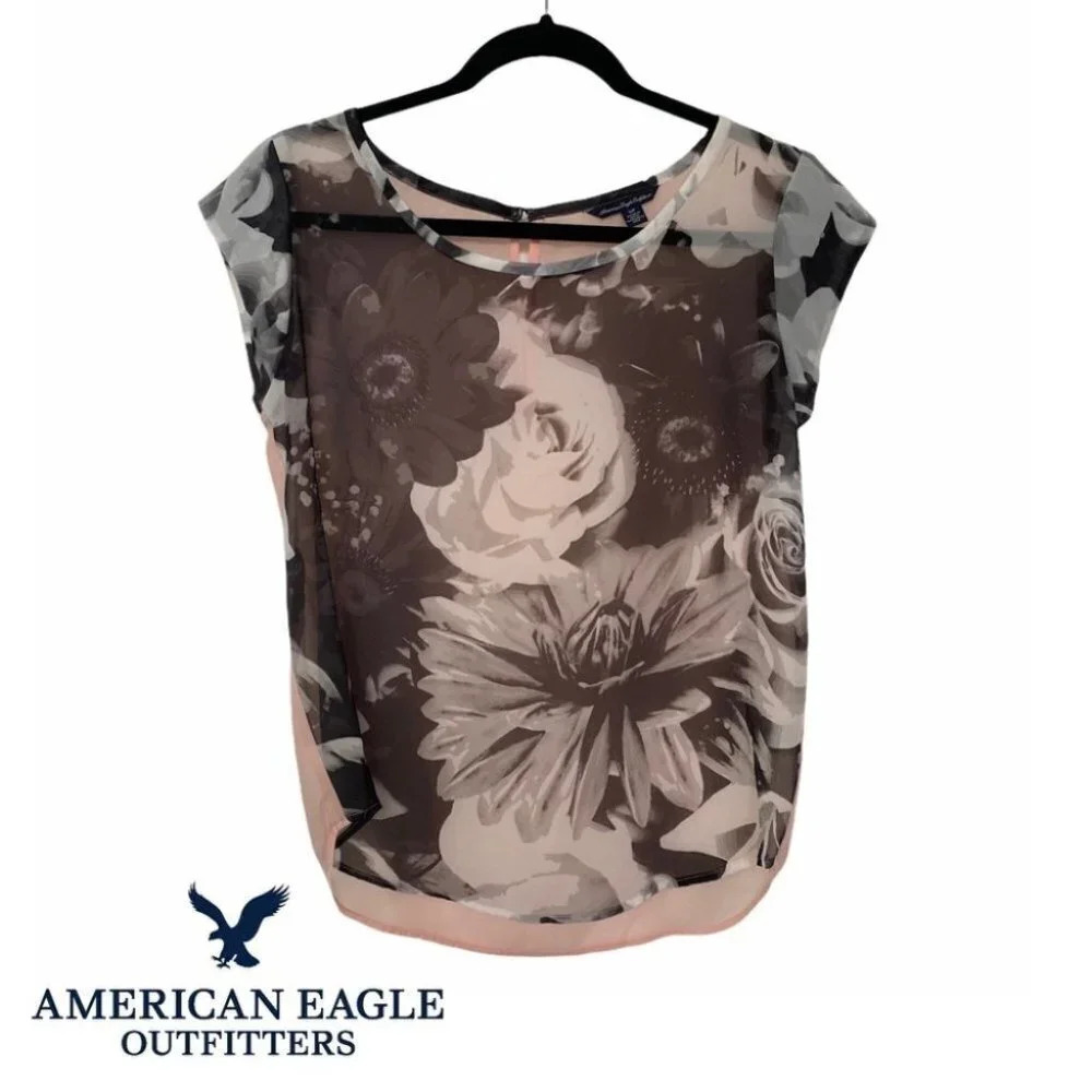 American Eagle Outfitters Sheer Floral & Pink Blouse